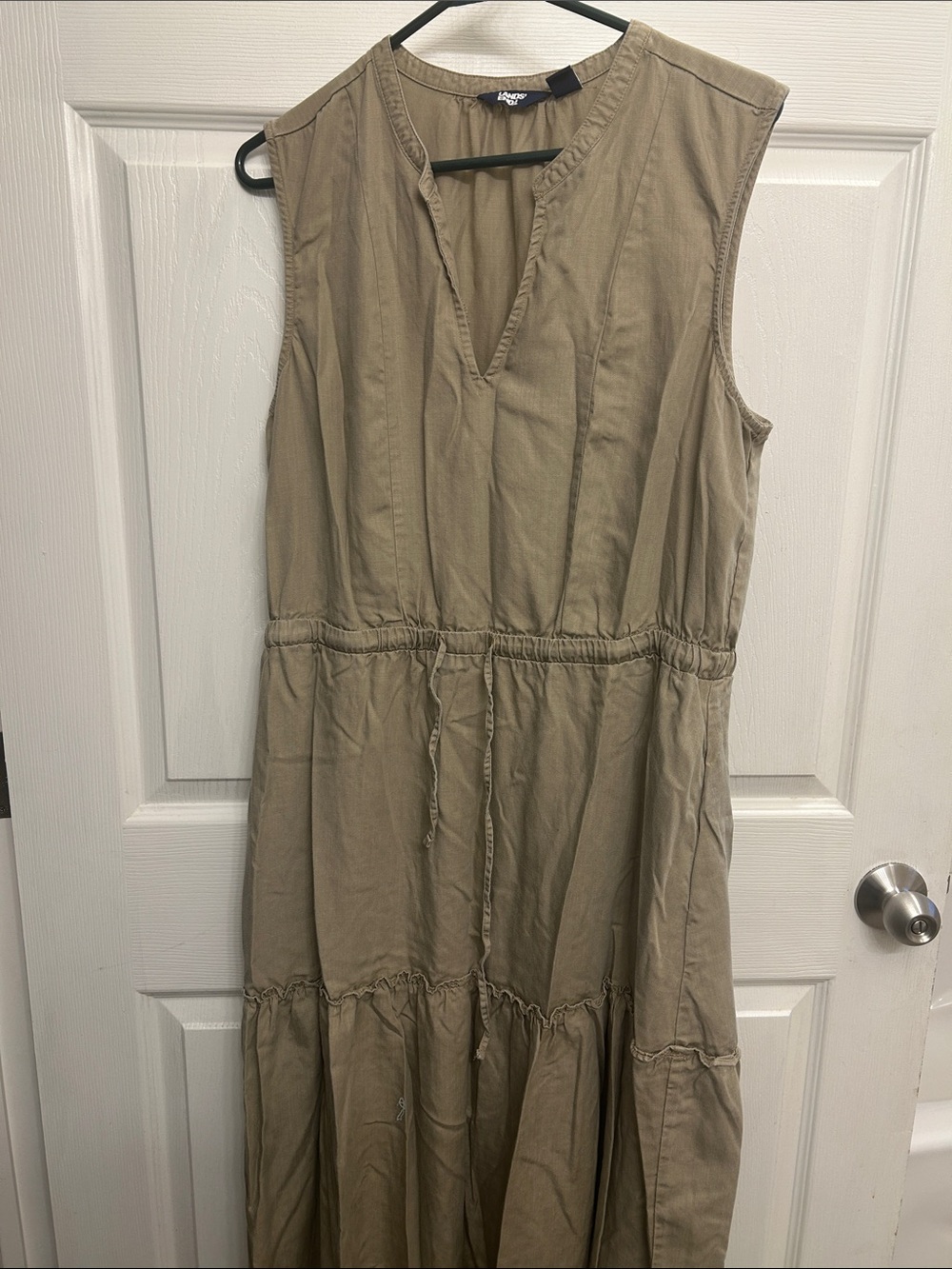 Lands' End Sleeveless V-Neck Drawstring Maxi Dress in Taupe
